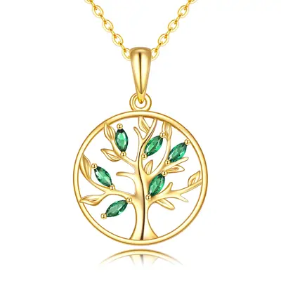 14K Gold Oval Shaped Cubic Zirconia Tree Of Life Pendant Necklace
