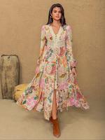 Women's Leaf Print Contrast Lace Button Front Split Thigh Dress, Bohemian Elegant Dresses Bishop Sleeve V Neck Ruffle Hem Lon...