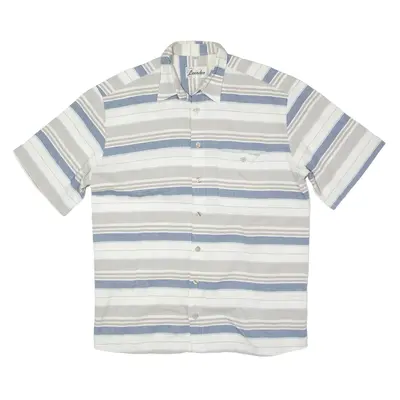 CREATION LEANDRO Cotton Linen Blend Waffle Shirt Blue Striped Short Sleeve Mens L
