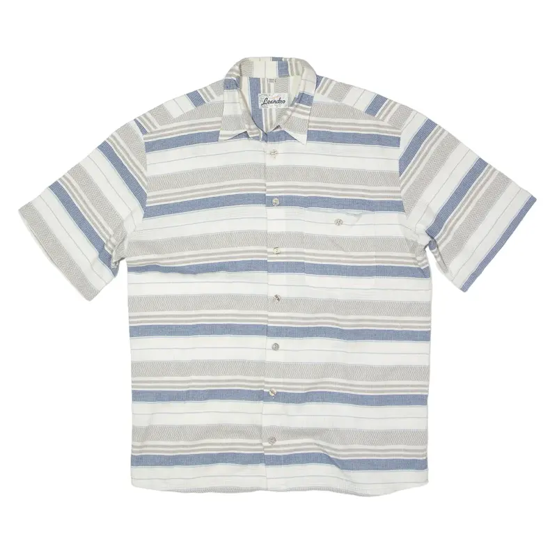CREATION LEANDRO Cotton Linen Blend Waffle Shirt Blue Striped Short Sleeve Mens L