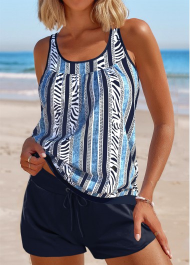 Modlily Patchwork Zebra Stripe Print Navy Tankini Set - XL
