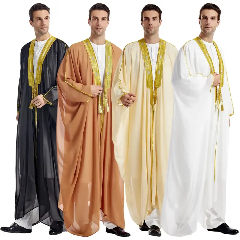 Arab Men Fashion Robe Embroidered Chiffon with Golden Beads Fringe Muslim Prayer Outerwear Long Sleeves Loose Ethnic Style me...