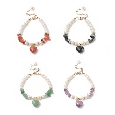4Pcs 4 Style Natura Mixed Gemstone & Shell Beaded Bracelets Set with Heart Charms for Women