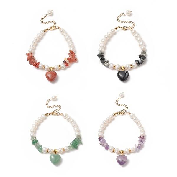 4Pcs 4 Style Natura Mixed Gemstone & Shell Beaded Bracelets Set with Heart Charms for Women