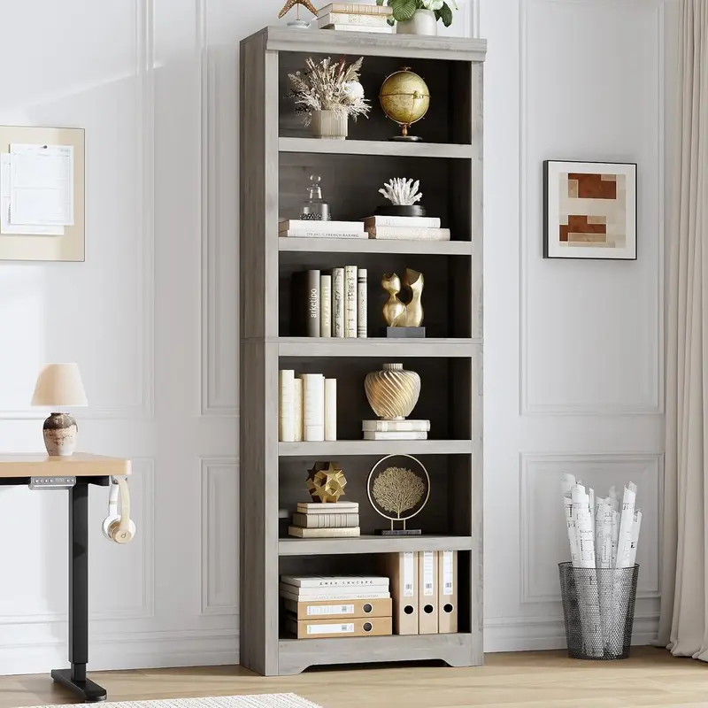 Garvee 6 Tier Bookshelf, 75 Tall Farmhouse Bookcase with Adjustable Shelves, 23.6 W Floor Standing Open Display Storage Rac...