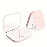 Portable Led Light Makeup Mirror, 1 Count Pink Compact Mirror with Light, Mini Rechargeable Pocket Mirror, Travel Mirror, Gla...