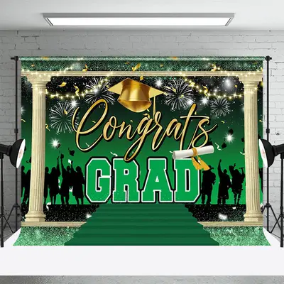 Congrats Grad Bachelor Cap Green Graduation Backdrop - Aperturee