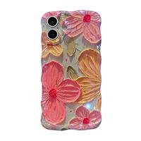 Case for iPhone 16 Plus 12 13 14 15 16 Pro Max Laser Colorful Retro Oil Painting Flower Pattern Cute Curly Wave Frame Cover