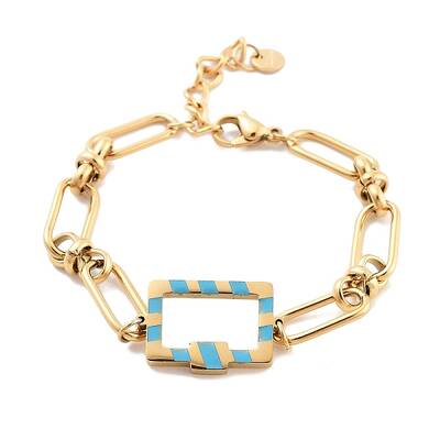 Golden Tone 304 Stainless Steel Enamel Rectangle Link Chain Bracelets for Women