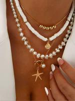 Boho Style Faux Pearl & Starfish & Shell Decor Necklace, Fashion Jewelry for Party, Daily Clothing Decor, Trendy All-match & ...