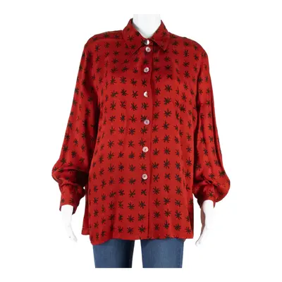 DIVINA Womens Printed Shirt Red Collared Long Sleeve Faux Silk Spotted L
