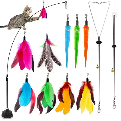 Interactive Cat Toy, 9 Counts Feather Replacement Head with Suction Cup & 2 Counts Hanging Interactive Toys, Indoor Cat Tease...