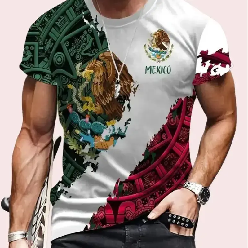 Mexican Theme 3D Digital Men's Long Human Gamis Round Neck Fitted Shortsleeve T-Shirt Crewneck Spandex Top Day Wear Fabric Me...