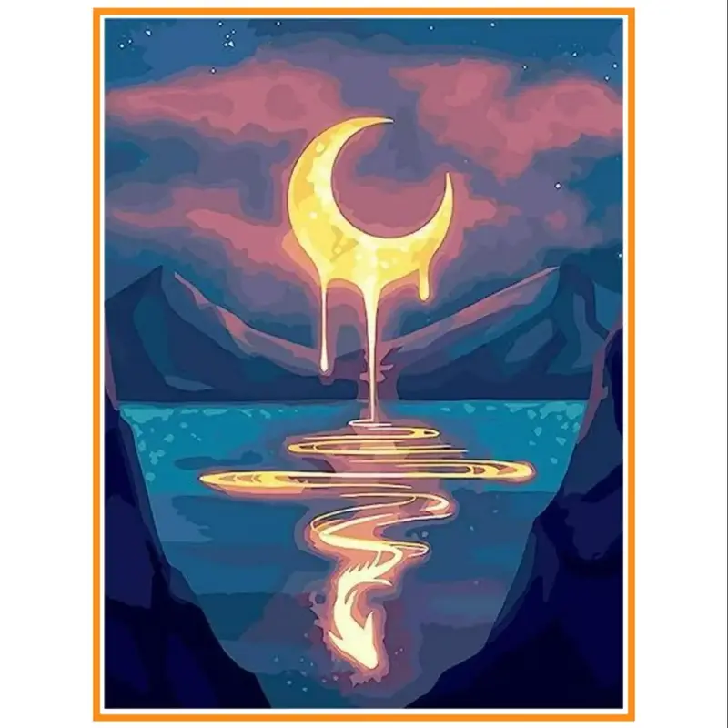 Moon & Mountain & River DIY Diamond Art Colorful Painting Without Frame, 1 Count Diamond Art Colorful Painting Kit, DIY Diamo...