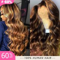 Highlight Ombre Lace Front Wigs Human Hair Pre Plucked 13x4 Body Wave Transparent Lace Frontal Wigs Human Hair 180% Density 4...