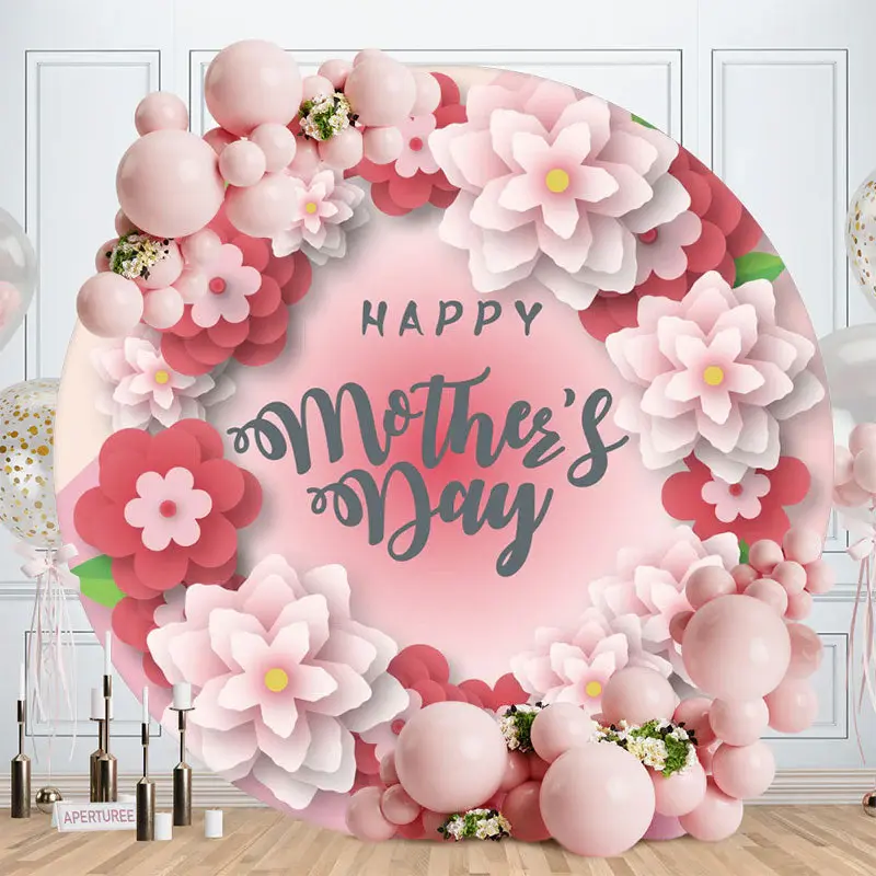 Pink Red Floral Round Happy Mothers Day Backdrop - Aperturee