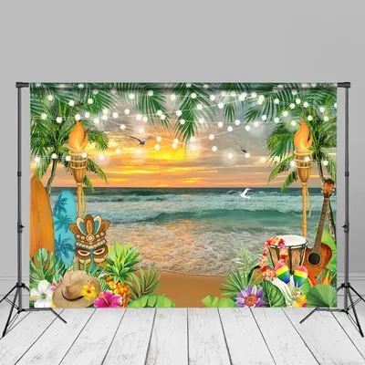 Sunset Beach Surfboard Guitar Summer Photo Backdrop - Aperturee