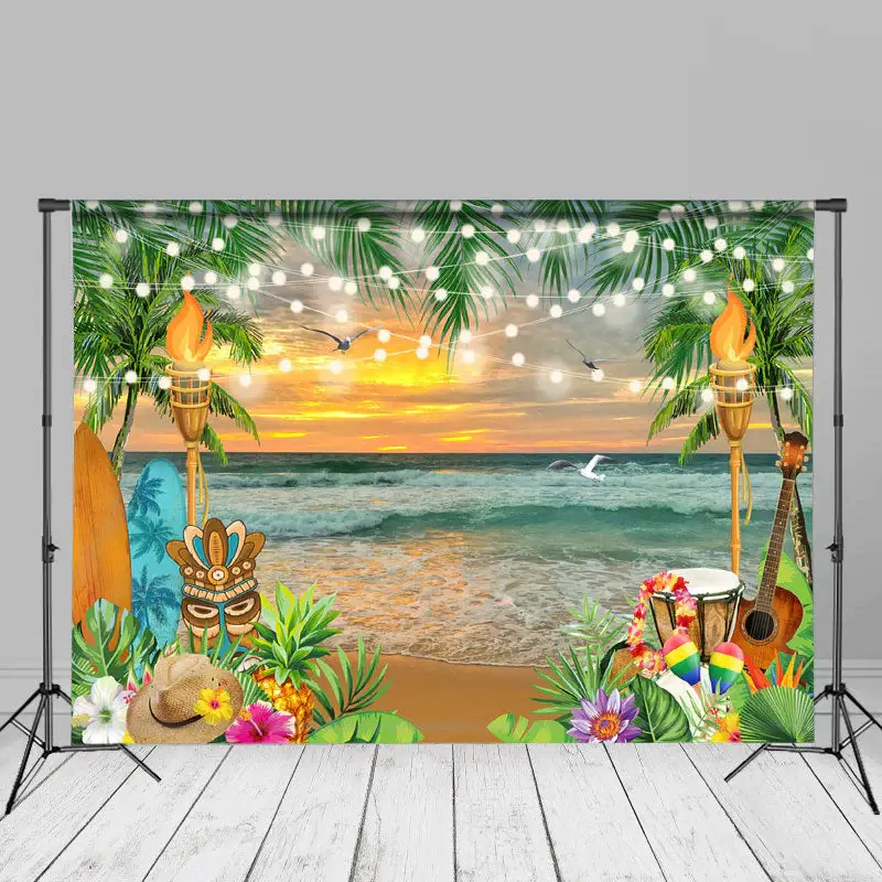 Sunset Beach Surfboard Guitar Summer Photo Backdrop - Aperturee