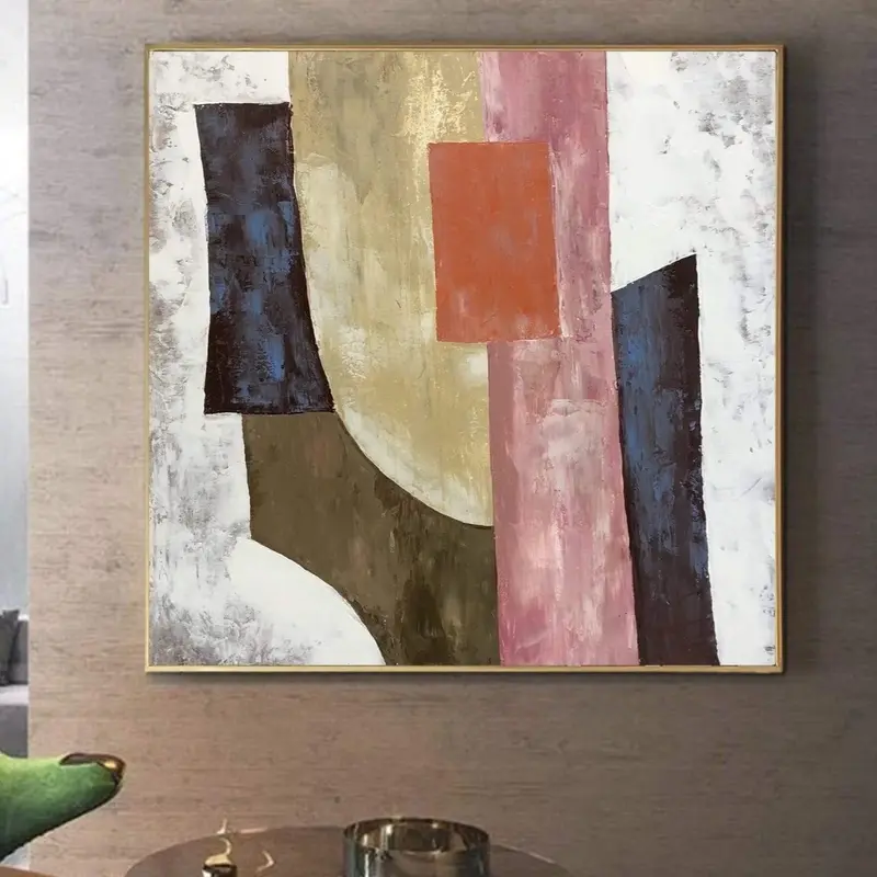 Abstract Painting on Canvas Neutral Wall Art Geometric Painting Customized Art in Size 32x32 Minimalist Artwork for Staircase...