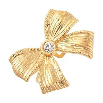 304 Stainless Steel Rhinestone Bowknot Open Cuff Rings for Women