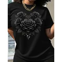 Cotton Short Sleeve  T-Shirt's Elegant Heart-Shaped Rose & Diamond Print T-Shirt - Black Short Sleeve Round Neck CasualLadies...