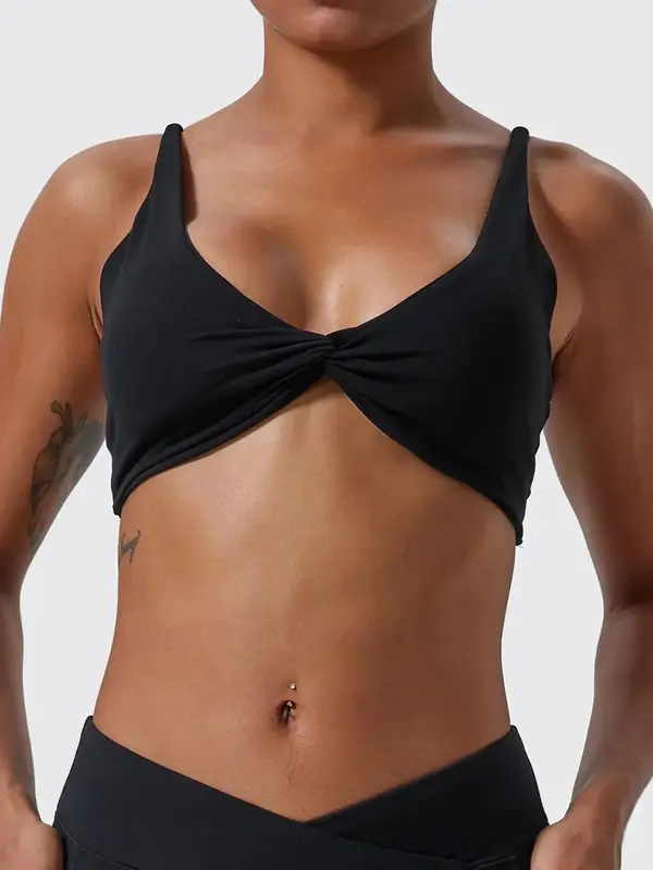 Women's Solid Twist Front Sports Bra, Casual Comfy Breathable High Stretch Yoga Bra, Ladies Sportswear for Indoor Outdoor Wea...