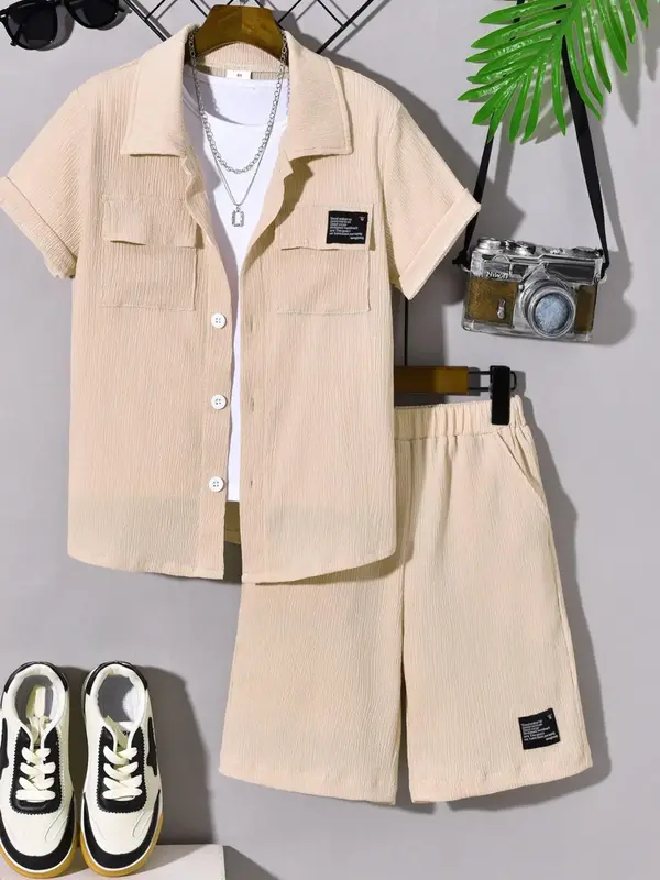 Two-Piece Set Toddler Boy's Solid Short Sleeve Shirt & Shorts, Casual Summer Outfits Clothes for Kids, Kids Clothing for Dail...