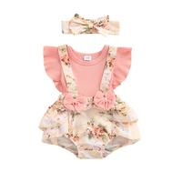 Baby Toddler Girls Two-piece Clothes Set, 3 6 9 12 18 Months Floral Printed Pattern Fly Sleeves Romper and Bow Knot Headdress...