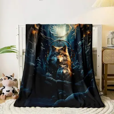 Wolf Print Flannel Blanket, 1 Count Casual Dream Catcher Design Soft Blanket, Cozy & Warm Throw for Sofa, Bed, Living Room, O...