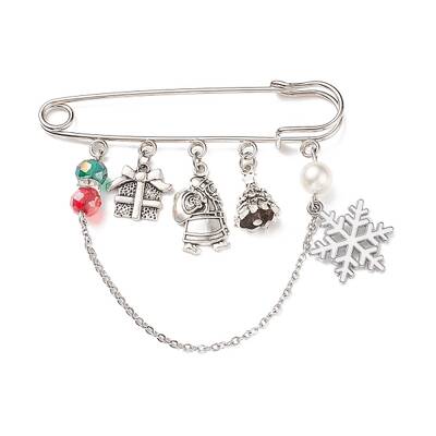 Christmas Gift Box & Snowflake & Santa Claus Charms Alloy Safety Pin Brooch