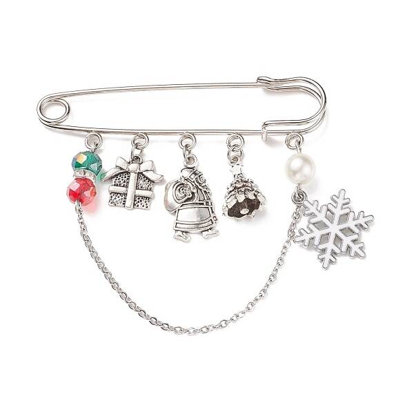 Christmas Gift Box & Snowflake & Santa Claus Charms Alloy Safety Pin Brooch