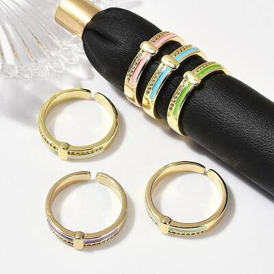 Brass Micro Pave Clear Cubic Zirconia Enamel Cuff Rings for Women