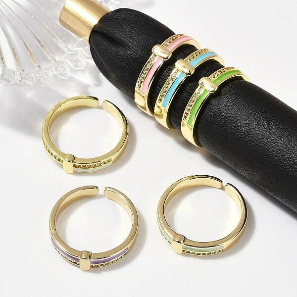 Brass Micro Pave Clear Cubic Zirconia Enamel Cuff Rings for Women