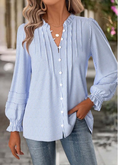 Modlily Blue Tummy Coverage Striped Long Sleeve Split Neck Blouse - XXL