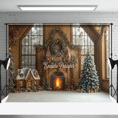 Gingerbread House Fireplace Window Christmas Backdrop - Aperturee
