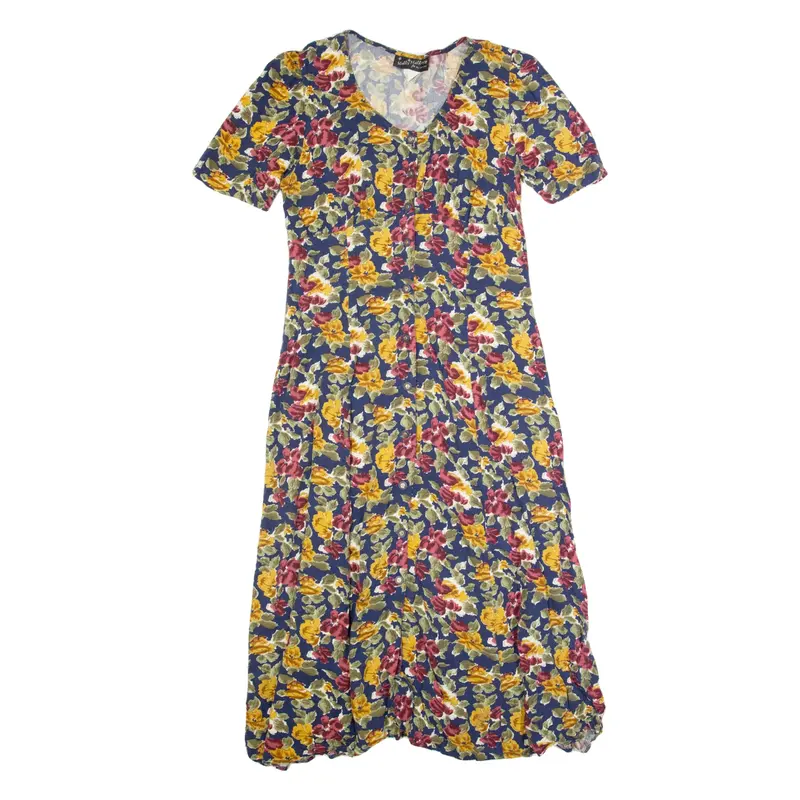 MOLLY MALLOY Womens Tea Dress Blue 90s Floral Short Sleeve Long M