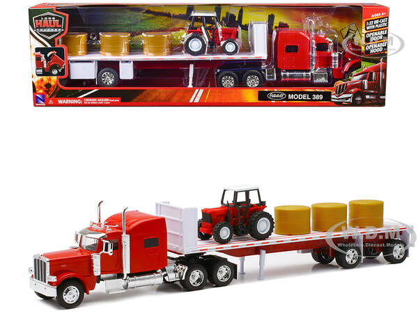 Peterbilt 389 Flatbed Truck Red with Farm Tractor Red and Hay Bales Long Haul Trucker Series 1/32 Diecast Model by New Ray