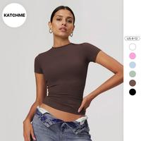 KattchMe Women's Sports Solid Color Round Neck Short Sleeve Slim Top, Spring & Summer Stretchy Brushed Clothes, Slim-Fitting ...