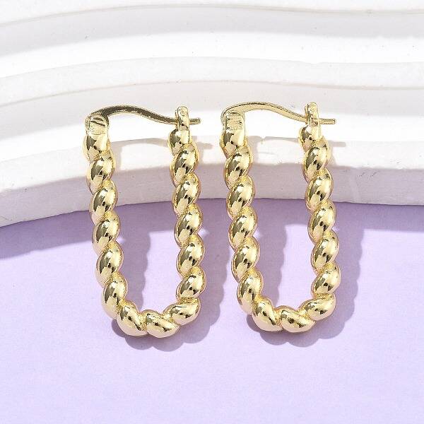Brass Twist Rectangle Hoop Earrings for Women