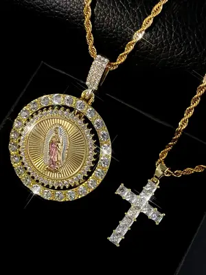 Hip Hop Style Virgin Mary Guadalupe Pendant Necklace & Cross Pendant Necklace, Rhinestone Decor Necklace for Party, Daily Dec...