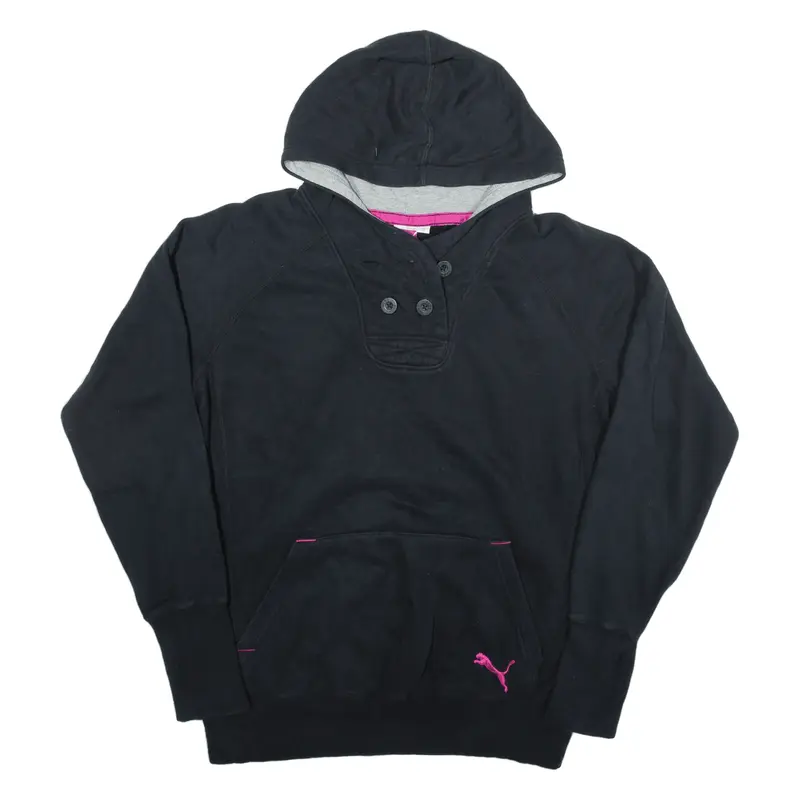 PUMA 1/4 Button Up Hoodie Black Pullover Womens UK 14