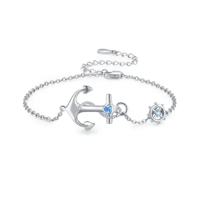 Sterling Silver Cubic Zirconia Compass & Rudder Charm Bracelet