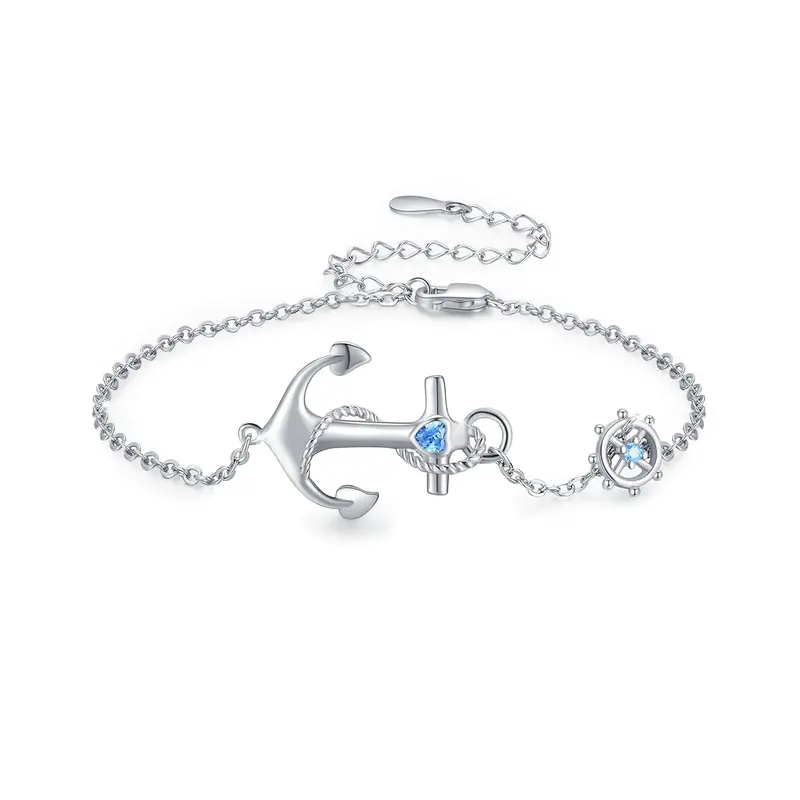 Sterling Silver Cubic Zirconia Compass & Rudder Charm Bracelet