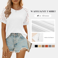 SHEWIN Women's Waffle Knit Tops, Casual Crew Neck Hollow Out Eyelet Raglan Short Sleeve Summer Clothes T-Shirts Blouses S-XXL...
