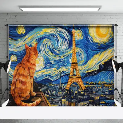 Art Van Gogh Starry Sky Cat Paris Dance Backdrop - Aperturee
