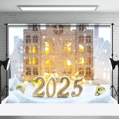 Warm Light Buildings Snowy 2025 New Year Backdrop - Aperturee
