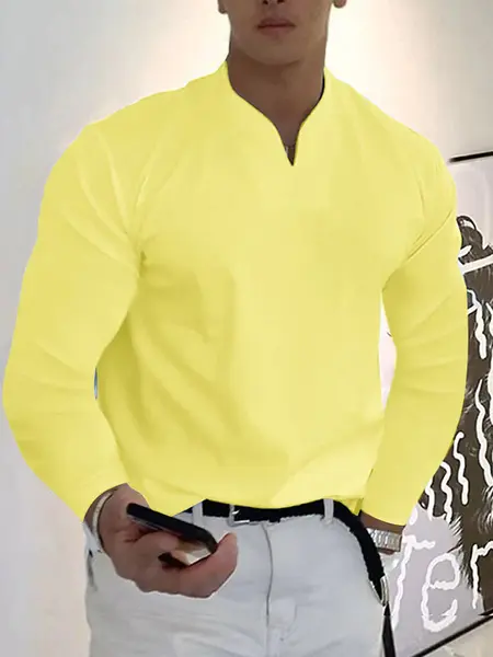 Loose V Neck Long Sleeves Shirt, Yellow / S