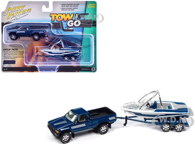 1985 Toyota SR5 Pickup Truck Dark Blue with Graphics and Boat with Trailer Limited Edition \