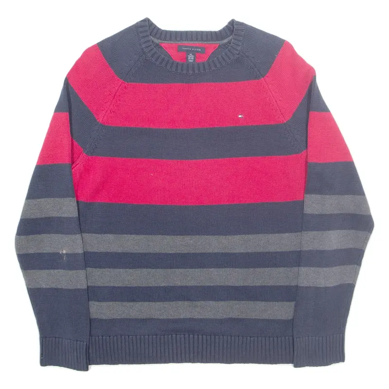 TOMMY HILFIGER Mens Patterned Jumper Blue Striped Tight Knit XL