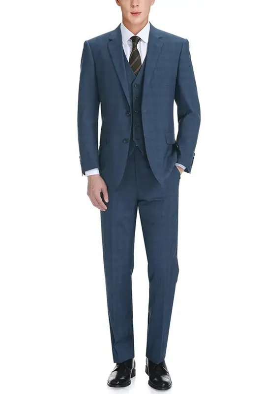 Classic Fit Men's Two-Button Vested Suit - Navy Blue Windowpane Plaid